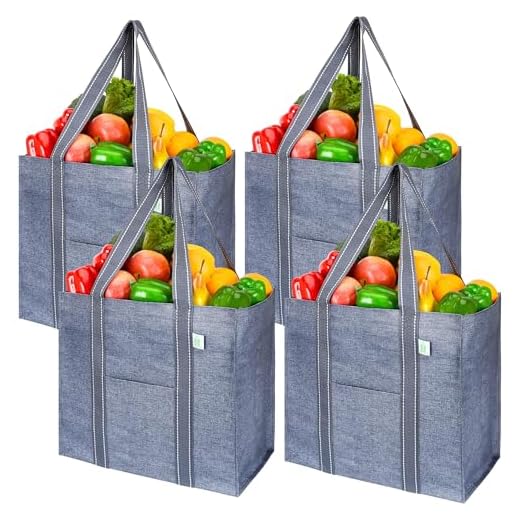VENO 4 Pack Reusable Grocery Bags, Heavy-Duty Shopping Bags with Handles, Bags for Shopping Cart with Hard Bottom to Stand Upright, Foldable, Multi-Purpose(Gray, 4 Pack)