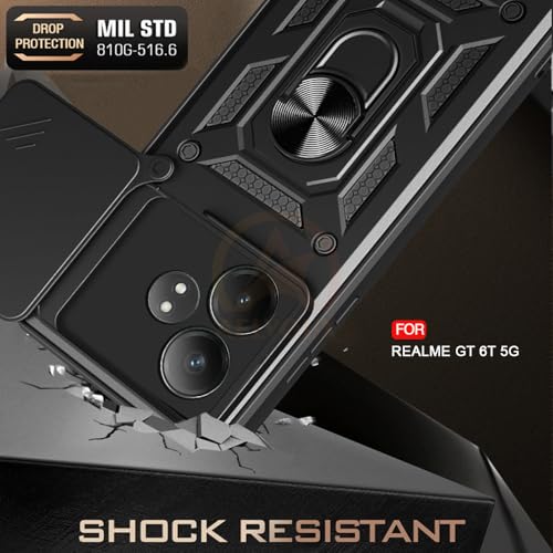 Image of Armor Bumper Back Cover Case for Realme GT 6T 5G / GT Neo 6 SE 5G Rotating Camera Cover, Ring Holder & Kickstand | Heavy Duty & 360 Degree Protection Back Cover (Black)