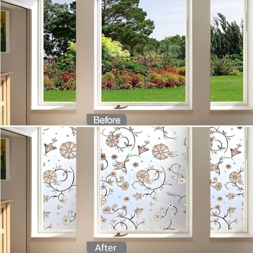 Image of MOCOCO Premium Vinyl Privacy Stained Frosted Window Glass Film (12x60 Inch) - Self-Adhesive Tint Wallpaper Sticker Opaque Sheet for Glass Cover Window, Door, Office, Home.| Anti-UV. White Flower