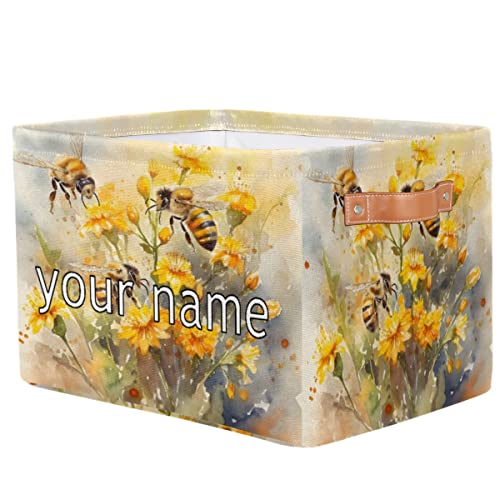 Omfuns Personalized Storage Basket Cute Bee Animal Custom Foldable Storage Bin Sunflower Floral Fabric Rectangular Storage Box Organizer For Closet Shelf Home Nursery Toy Basket, 1 Pack #TOP2