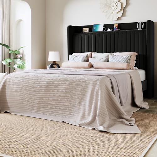 Image of Allewie Full Size Platform Bed Frame with USB Charging Station and Storage Shelf /Upholstered Velvet Wingback Headboard /Wooden Slats Support /No Box Spring Needed /Easy Assembly, Black