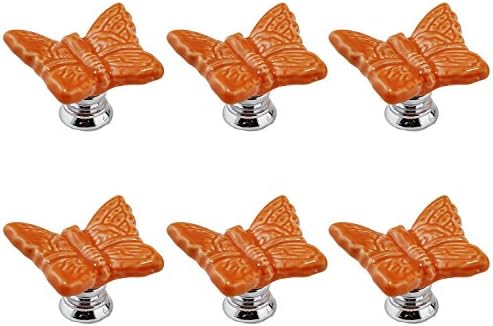 Idealdecor 6pcs Orange Cute Butterfly Shape Ceramic Door Knobs - Hand-Painted Round Handmade Single-Hole Kitchen Cupboard & Drawer Knobs - Cabinet Pulls/Handle