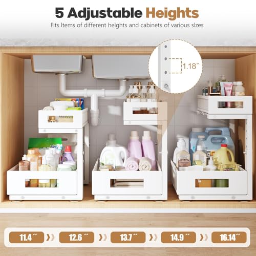 Image of 2-Pack Under Sink Storage Organizer, Large 2-Tier Elegant Mesh Pull Out Shelf for Kitchen and Bathroom Cabinet Organization, L-Shaped and Adjustable Height Design for Maximum Space Efficiency-White