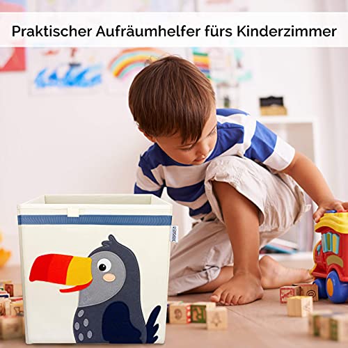 GLÜCKSWOLKE Kinder Aufbewahrungsbox - 15 Motive I Spielzeugkiste mit Deckel für Kinderzimmer I Spielzeug Box Tukan (33x33x33) zur Aufbewahrung im Kallax Regal I Dschungel Kiste (Toni Tukan)