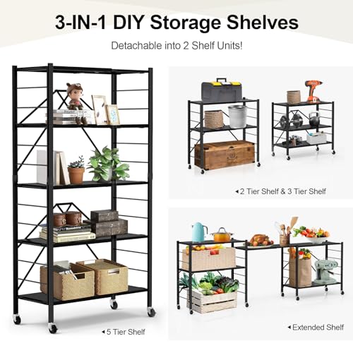 5 Tier Foldable Storage Shelves, Expandable Folding Shelving Units with Wheels, Changeable into 2 Shelf Units, Collapsible Adjustable Storage Rack Metal Shelves for Storage, Pantry, Garage, Kitchen - Image 4