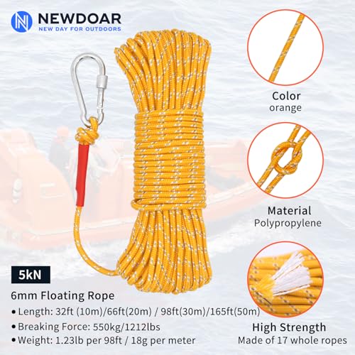 NewDoar 6 mm Marine Schwimmseil 550kg Hochfestes Geflochtenes Reflektierendes Anker-Festmacherseil mit Haken 10M 20M 30M 50M Dockleinen für Bootfahren, Camping, Ankern, Angeln, Festmachen-Gelb/10M