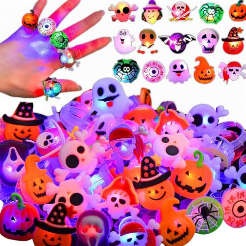 Qvatoxis Halloween Party Favors Light Up Rings 50PCS LED Rings Glowing Finger Rings Fun Toys for Kids Adults