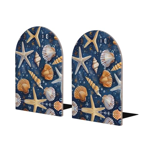 Sujetalibros con patrón de estrella de mar y conchas marinas para estantes, sujetalibros resistentes y organizador de escritorio, tapón de libro para libros y películas