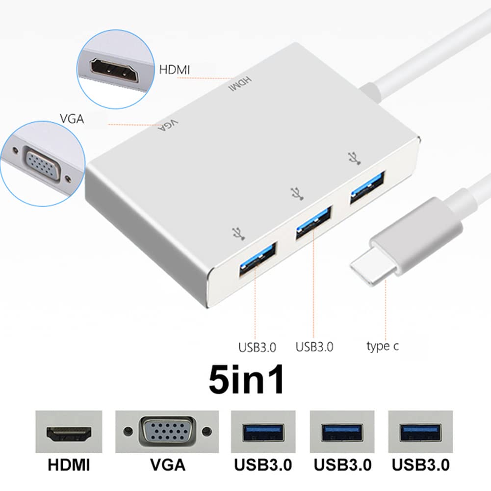 H59CS HUB USB C do HDMI USB C 3.1 na HDMI VGA 3X USB 3.0 USB Hub Multiport Adapter kompatybilny z laptopami MacBook/MacBook Pro / Samsung Galaxy S8/S8 Plus Dell Lenovo Surface