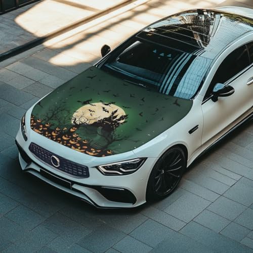 Image of Green Spooky Witch Castle Print Car Hood Cover Protector 59x39 Inch Stretchable Auto Hood Wraps Waterproof Halloween Automotive Exterior Accessories for Most SUV Sedans Trucks