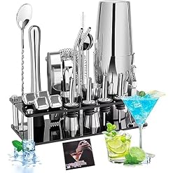 Shop 23PCS Cocktail Shaker Set, 750ml Boston Shaker Kit with Strainer, Jigger, Mixing Spoon, Tongs, Bottle Stoppers, Opener, Recipes – Pueine