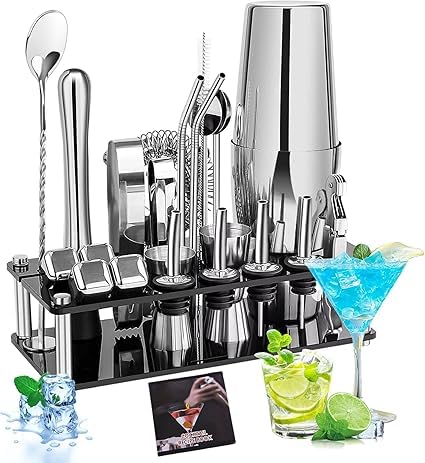 Shop 23PCS Cocktail Shaker Set, 750ml Boston Shaker Kit with Strainer, Jigger, Mixing Spoon, Tongs, Bottle Stoppers, Opener, Recipes Shop 23PCS Cocktail Shaker Set, 750ml Boston Shaker Kit with Strainer, Jigger, Mixing Spoon, Tongs, Bottle Stoppers, Opener, Recipes – Pueine