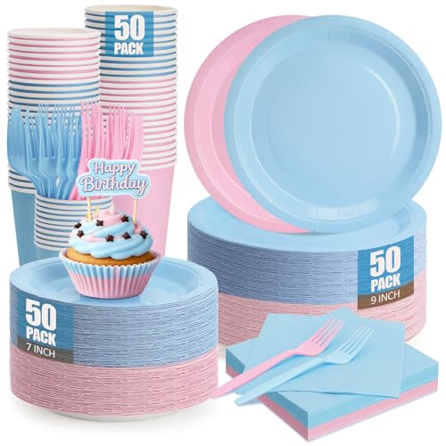 Pink and Blue Plates and Napkins Party Supplies Include 9 Disposable Paper Plates 7 Dessert Plates and Cups and Napkins Forks Set for Baby Showers Birthday Gender Reveal Party Serves 50