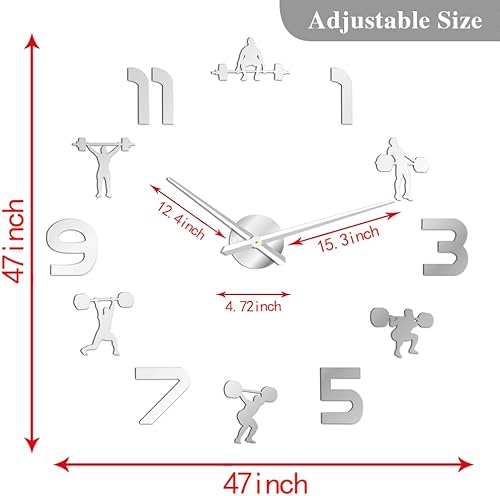 Miniatura 3 de The Geeky Days Reloj, decoración de pared de gimnasio, reloj de cuarzo silencioso sin marco grande 3D, 27.6-47.2 in, plateado