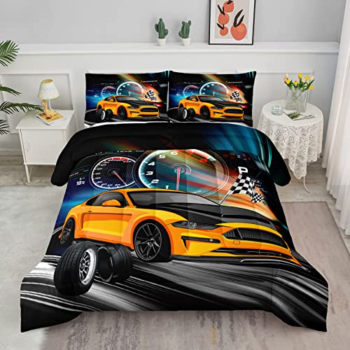 Axolotl Race Car Bedding Set Queen Size, Boys Extreme Sports Comforter Set for Kids, Yellow Cool Car Racing Gifts, Sports Quilt Set With 1 Comforter and 2 Pillowcases