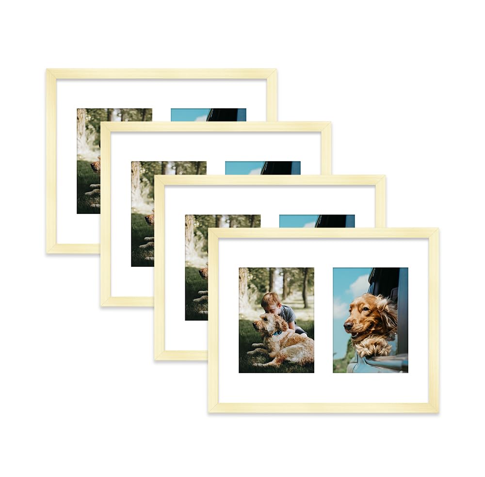 Gold Multi Photo Frame - Holds 2 x 7x5 Pictures, Family Collage Picture Frame for Wall Display, 14x11 Frame size, Set of 4