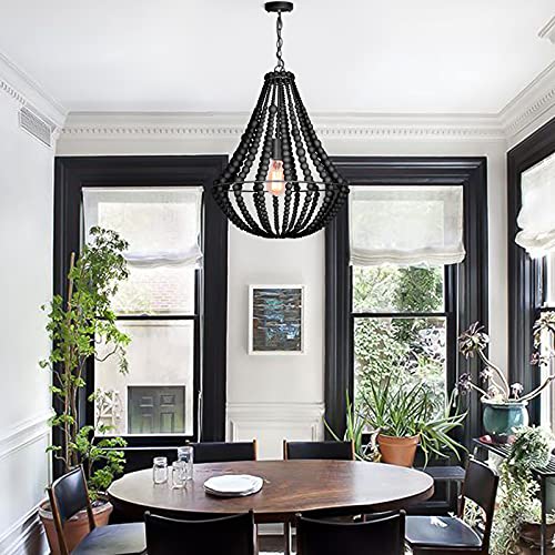 Ankarl Boho Light Fixtures, Wood Beaded Chandelier, Farmhouse Pendant Light, 1-Light, Black Ceiling Hanging Light For Bedroom, Living Room, Dining Room, Kitchen, Hallway, 16.5" #TOP4