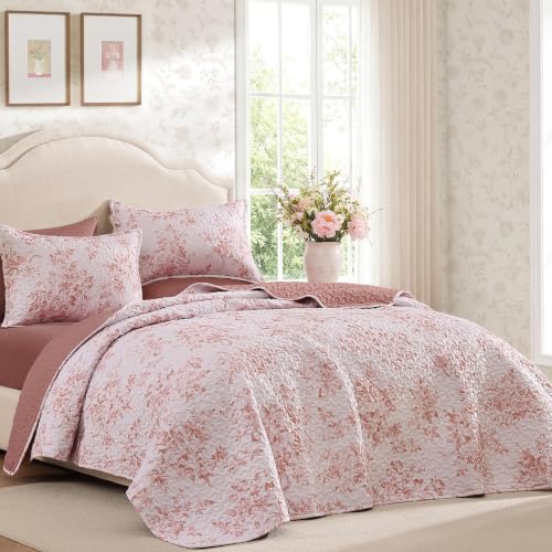 Image of Andency Quilt Queen Size, Pink Flower Bedspread Queen Size, 3 Pieces Soft Bedding Set, Lightweight Coverlet Set for All Season with 2 Pillowcases (96 inchx90 inch)