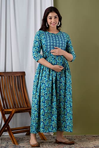 Image of Maternity Feeding Kurti for Women | Cotton Blend Anarkali Dress with Nursing Zip for Pre & Post Pregnancy