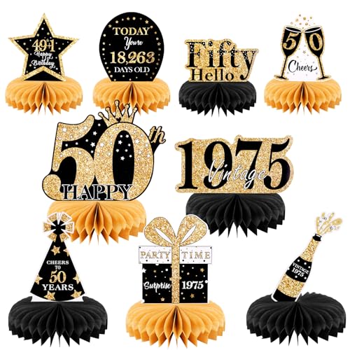 OSDUE Aniversário mesa favo centros, 9 peças decorações para festas de aniversário ornamentos pretos e dourados, presentes para 50 anos de aniversário e aniversário A