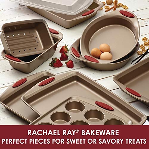 Rachael Ray 52410 Cucina Nonstick Bakeware Set With Baking Pans, Baking Sheets, Cookie Sheets, Cake Pan And Bread Pan - 10 Piece & Cucina Nonstick Cookware Pots And Pans Set, 12 Piece, Cranberry Red #TOP2