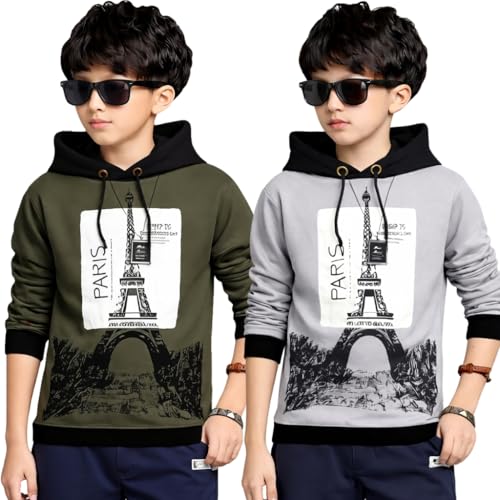 Image of ATLANS Cloths Kids Boys & Girls Hooded Neck Full Sleeves Typography Printed T Shirt, Olive Green, Pack of 1