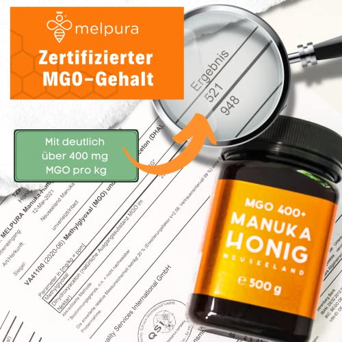 MELPURA Manuka Honig MGO 400+ 500g aus Neuseeland mit zertifiziertem, natürlichem Methylglyoxal-Gehalt – Laborgeprüft, verifizierte Herkunft, fairer Handel direkt vom Erzeuger