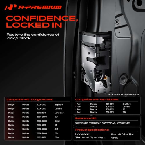 Image of A-Premium Rear Left Driver Side Door Lock Actuator | Compatible with Dodge Dakota 2006-2010 & Ram Dakota 2011