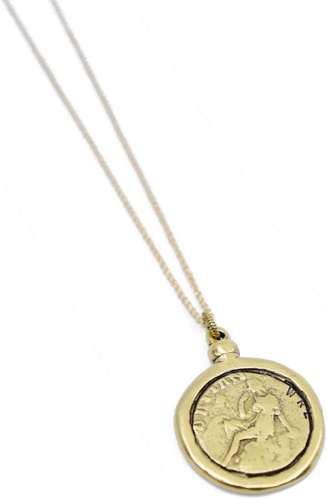 Greek Goddess Coin Minimalist Gold Necklace, Ladies Blocky Gold Plated Layering Necklace, Dainty Textured Gold Ancient Roman Coin Necklace for Layered Look
