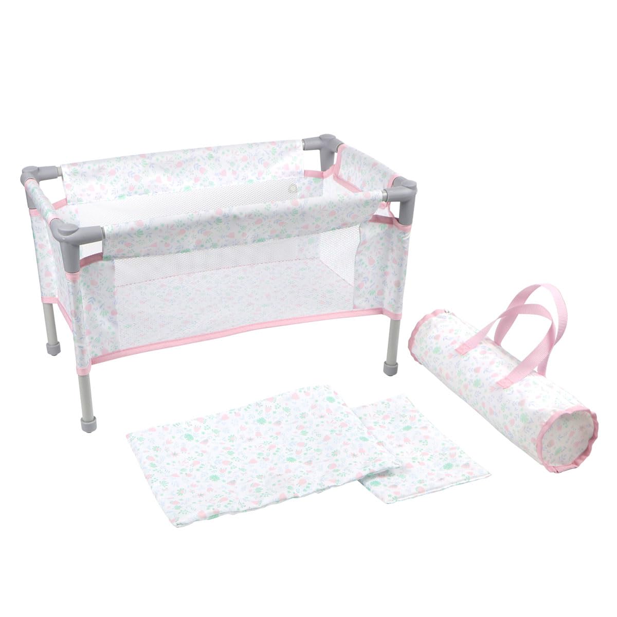 JC Toys - Berenguer Boutique | Travel Folding Crib - Playpen with Accessories | Pink Floral Collection | for Dolls up to 18