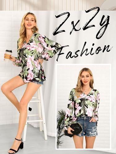 ZXZY Womens Hawaiian Shirt Vintage Leaf Floral Printed Tropical Tops V Neck Puff Long Sleeves Shirts3
