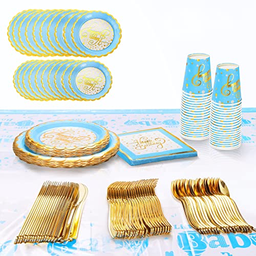 Blue and Gold Disposable Party Dinnerware Set, 20 Guest -141PCS with Paper Plates, Napkins, 9oz Cups, Plastic Silverware( Forks, Knives, Spoon), and Tablecloths, Party Supplies for Birthday Decoration