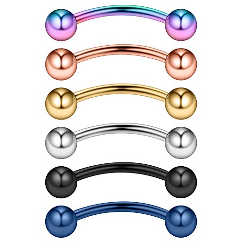 Ruifan 6PCS Assorted Colors Eyebrow Piercing Jewelry Curved Barbell Snake Eyes Tongue Navel Belly Tragus Lip Ring 14g 14 Gauge 14mm