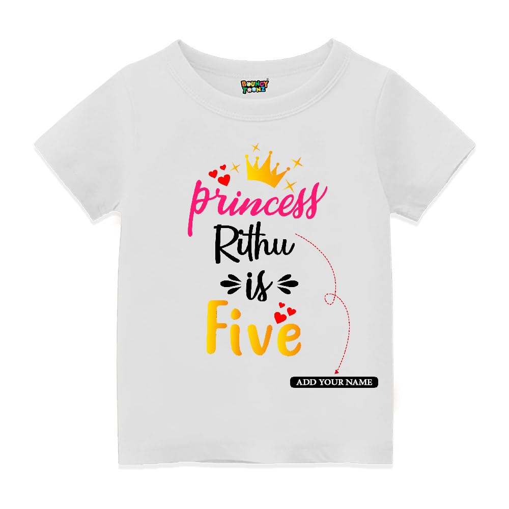 Bouncy ToonzPrincess is Five Printed T Shirt for Kids Toddlers Girls Name Customised 100% Cotton Half Sleeve - Personalised Dress