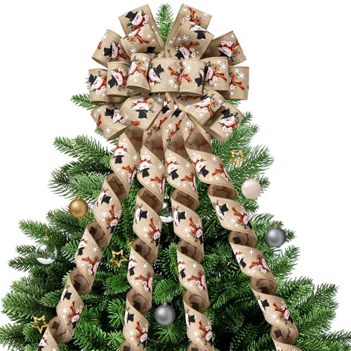 WRAPAHOLIC Large Christmas Tree Topper Bow - 13 x 52 Inch Burlap Snowman Christmas Tree Topper Ribbon Bow Wreath Bows with Wired Edge for Xmas Ornament Indoor Outdoor Decoration