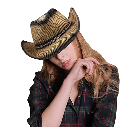 JIAHG Unisex Cowboyhut Sommer Westernhut für Strand, Party, Festival luftiger Sonnenhut mit Sonnenschutz für Damen Herren