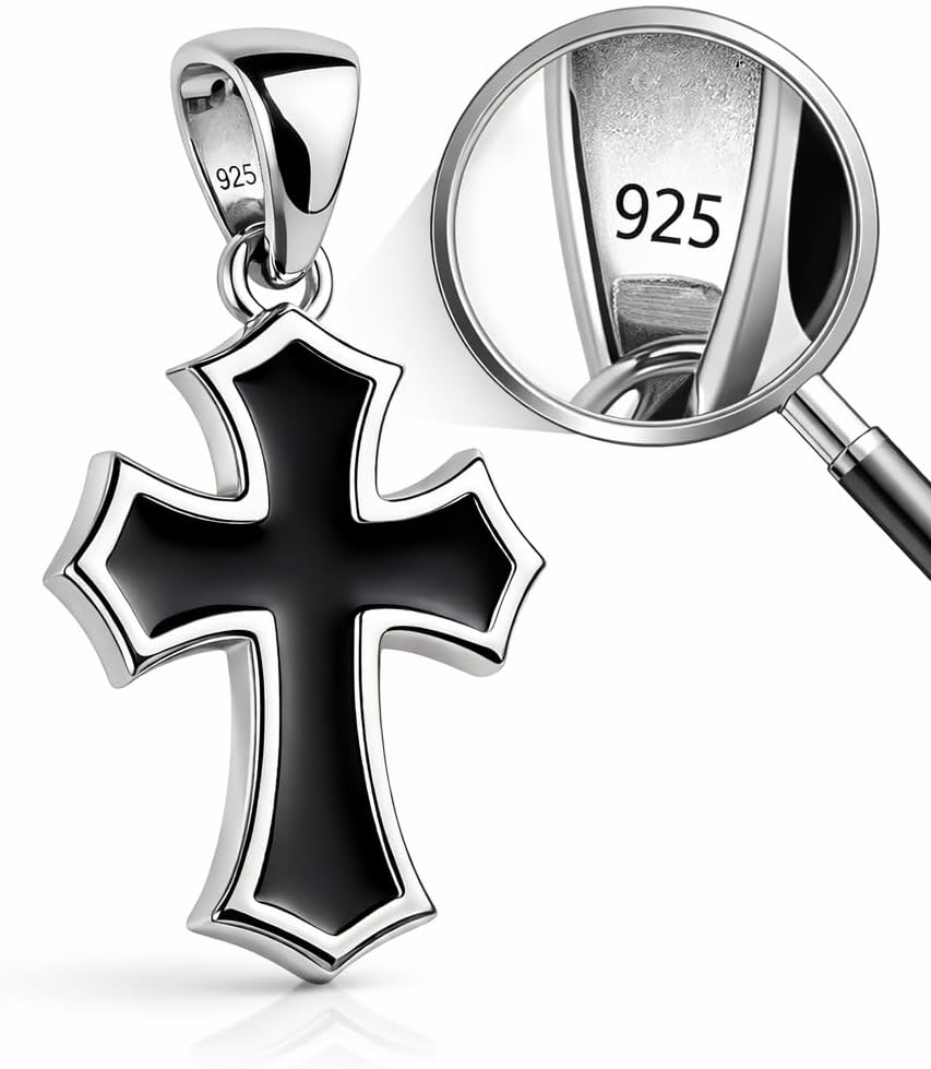Black Cross Necklace – 925 Sterling Silver – Small Gothic Cross Pendant with Black Enamel Inlay – Christian Religious Jewelry for Men Women – Handmade