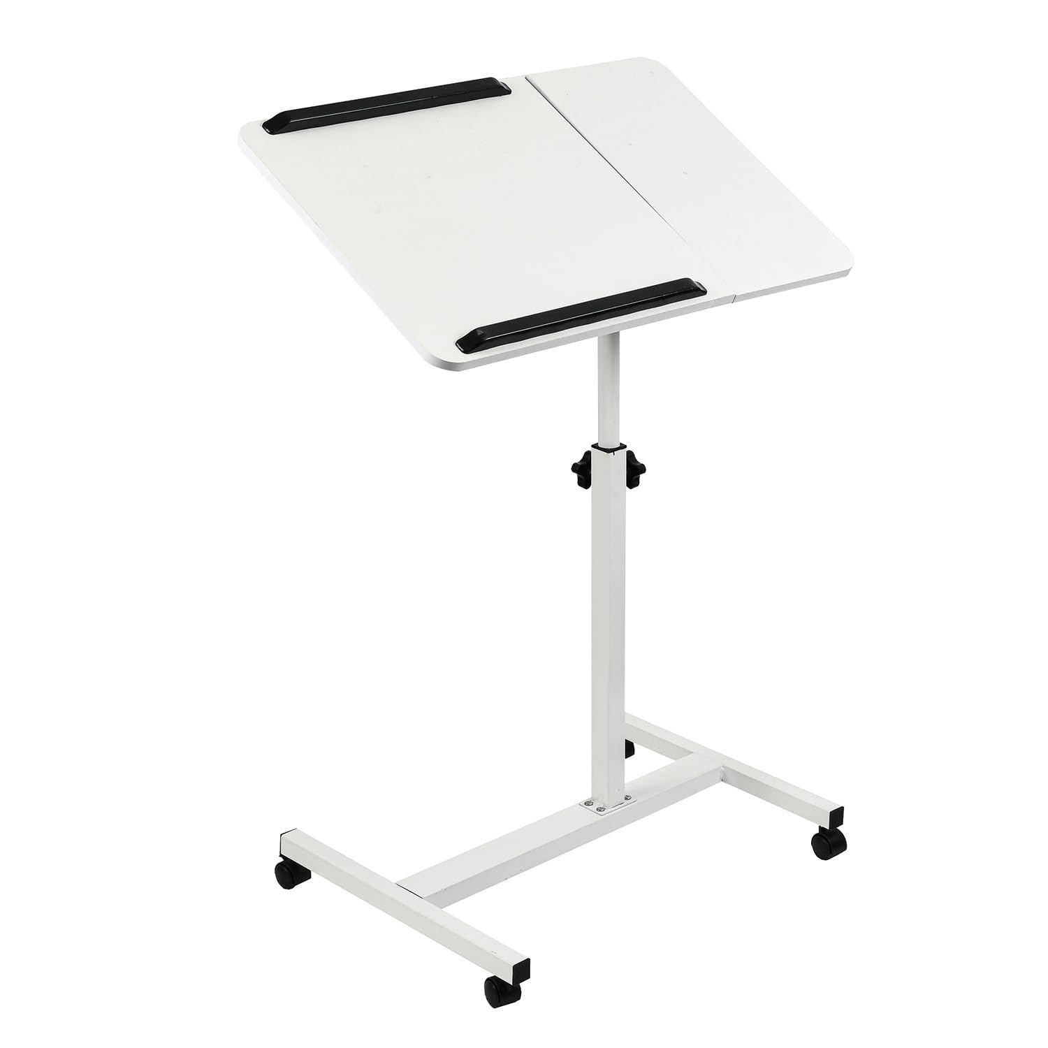Maclean Mesa Portátil | Altura Ajustable de 59 a 89 cm | Tablero Doble Inclinable hasta 90° | Ruedas con Freno | Capacidad de Carga hasta 30 kg | Mesa Ergonómica para Ordenador (Blanco)