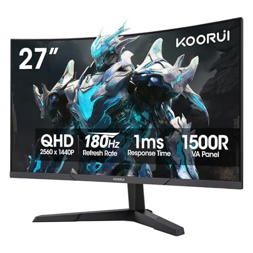 KOORUI 27 inch Gaming Monitor, QHD (2560 x 1440) R1500 180Hz Curved Monitor, AdaptiveSync with 1ms Computer Monitor, VESA Compatible, HDR10, 1 x Display Port 1.4 & 2 x HDMI 2.0, Eye Care 27E6QCA