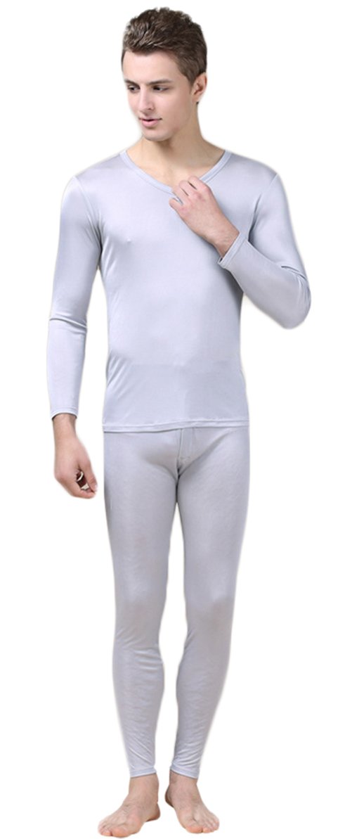 Two Piece Mulberry Silk Knitted Thermal Underwear Suit V-neck Silver Grey XL