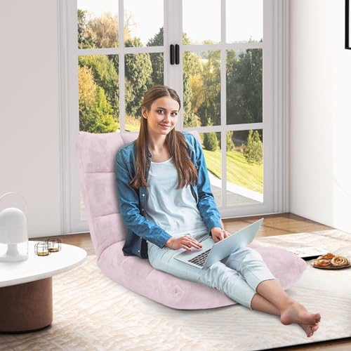COSTWAY Bodenstuhl mit Verstellbarer Rückenlehne, Bodensessel gepolstert, Bodenkissen faltbar, Meditationsstuhl, Relaxsessel, Thaikissen für Freizeit, Meditation, Yoga (Hellrosa)