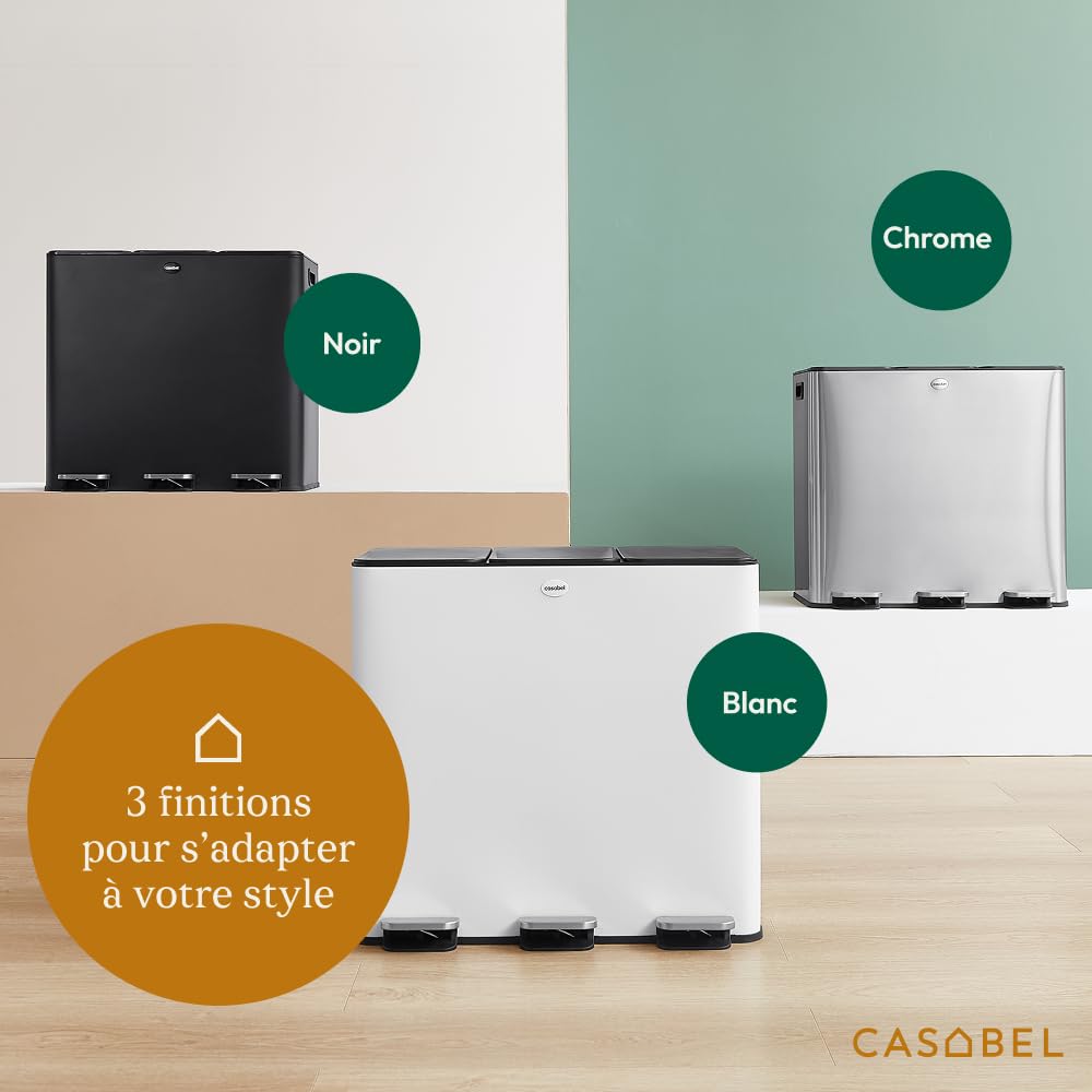 CASABEL Poubelle Tri Sélectif 3x20L, Acier Inox Blanc, Poubelle 60L Cuisine Recyclage Rectangulaire à Pédales, Anti Traces, Anti Odeurs, Systèmes de Tri des Déchets, Poubelle Tri Selectif 3 Bacs