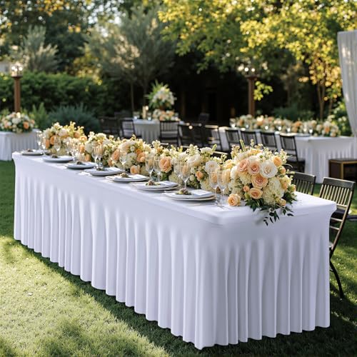 Image of 6 pk White Spandex Table Cloth Rectangle 8ft with Ruffle Skirt,Wrinkle Free High-Stretch Fitted Tablecloths for 8 Foot Rectangle Tables,Elastic Spandex Table Covers 8 ft for Parties Weddings Banquet