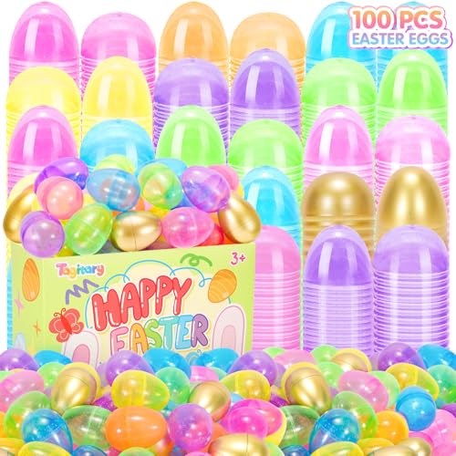 Tagitary Easter Eggs Set 100PCS,Colorful Bright Easter Egg Fillable Include 10 Golden Eggs,Empty Bulk for Easter Theme Party Favors for Kids,Perfect for Easter Egg Hunt Basket Stuffers Classroom Prize