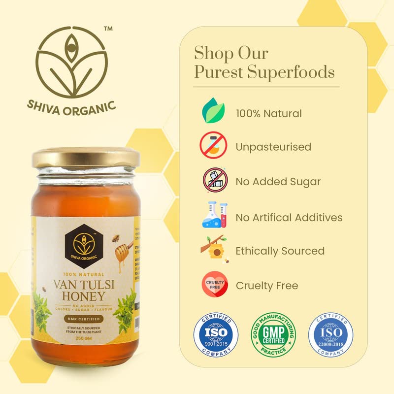 Image of Shiva Organic Raw Van Tulsi Flower Honey 250g | 100% Pure NMR Tested | Raw and Unprocessed