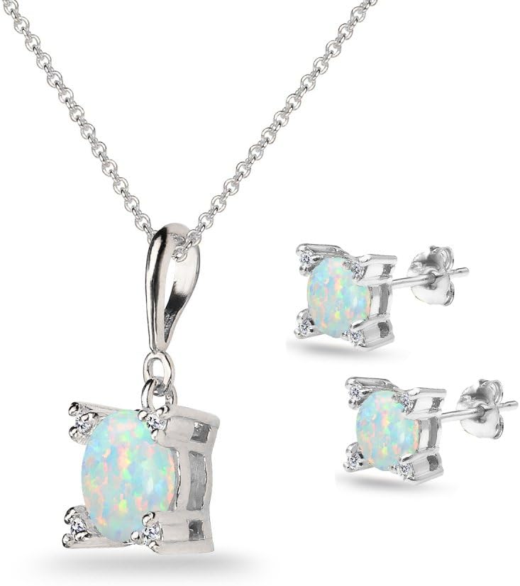 Sterling Silver Genuine or Synthetic Gemstone Studded Solitaire Necklace & Stud Earrings Set