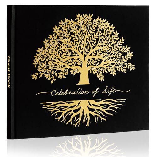 Image of Funeral Guest Book for Celebration of Life, in Loving Memory Sign in Book | 320 Entries, Table Sign Card Included, Gold Stamping, Twill-Textured Paper Cover, Memorial Keepsake, 9x7.5 inch, Tree