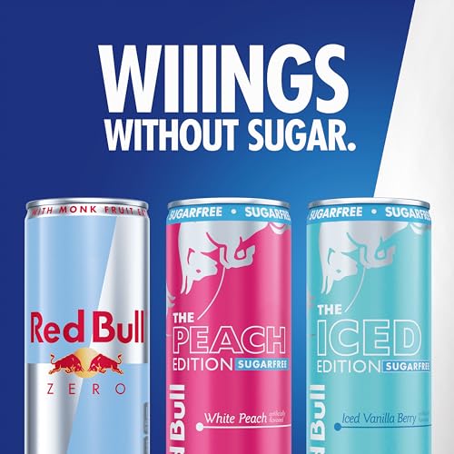 Image of Red Bull Sugarfree Energy Drink, Variety Pack | Zero, Peach, Iced Vanilla Berry, contains caffeine, taurine, B-vitamins, sweeteners, and water, 8.4 fl oz, pack of 24 cans