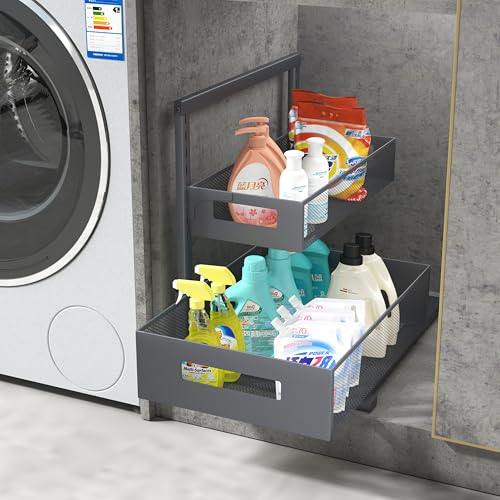 Image of Petiza Under Sink Organizer Pull Out Cabinet Organizer Adjustable Height 2 Tier with Sliding Drawers Kitchen Bathroom Organizer and Storage(Gray-1pc)