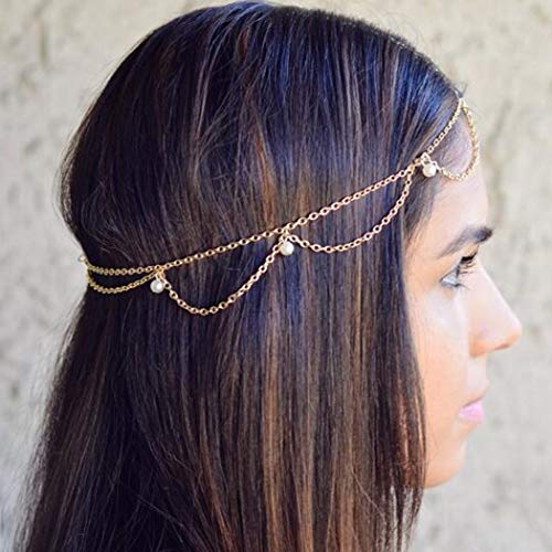 Haloty Boho Pearl Headchain Headpieces Layering Gold Beaded Hair Chain Forehead Eqyptain Headband Hair Jewelry for Women and Girls